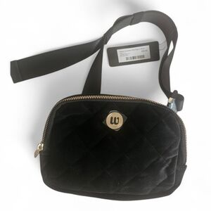 NWT Stylish Black Velvet Quilted Crossbody Bag with Gold Accents